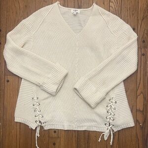 Umgee Women's V-Neck Cream Sweater with Lace-Up Sides